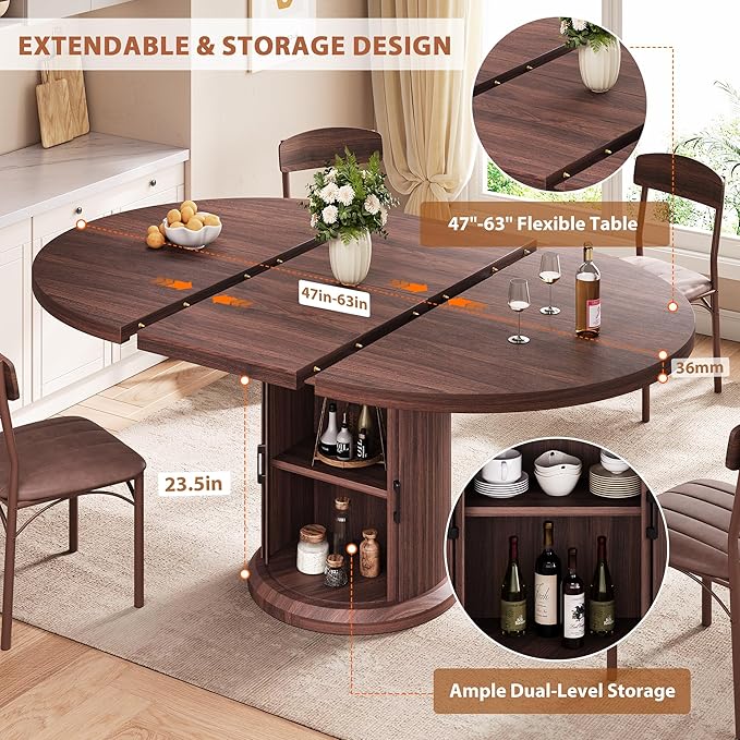 Dining Table for 4-6,63“Extendable Round Kitchen Dining Room Table with 2-Tier Storage Shelf, Space Saving Expandable Wood Oval Circle Dinner Furniture with Pedestal Base (Brown)