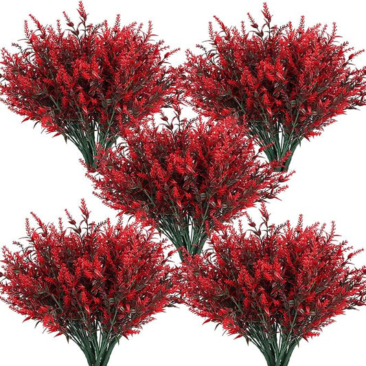 RECUTMS Spring Decoration, Artificial Greenery,36 Pcs Artificial Flowers Outdoors Fake Lavender Plants Indoor UV Resistant Plastic Faux Bouquets for Outdoor Home Garden Porch Decoration(Red)