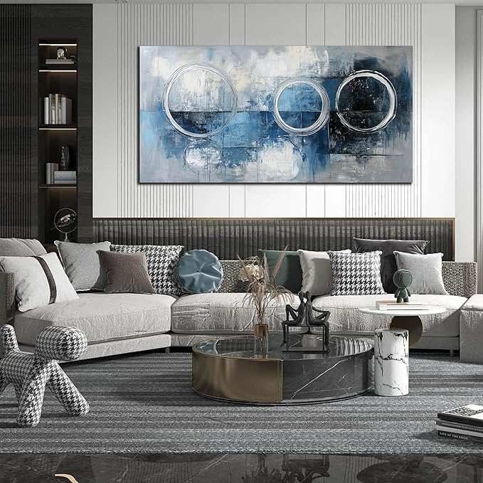 AOZEMI Blue Wall Decor for Living Room Office Abstract Canvas Wall Art Large Modern Picture Artwork Grey and White Circle Art 29" x 59"