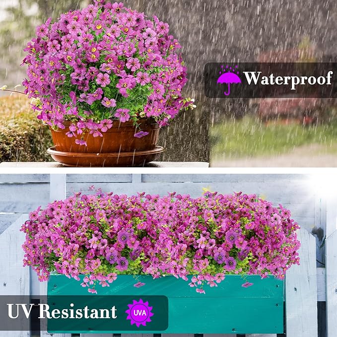 24 Bundles Artificial Flowers for Outdoors Decorations, Fake Flowers Artificial Plants Outdoor, Colorful Daisy Eucalyptus Realistic UV Resistant for Garden Patio Porch Home Decor, Purple
