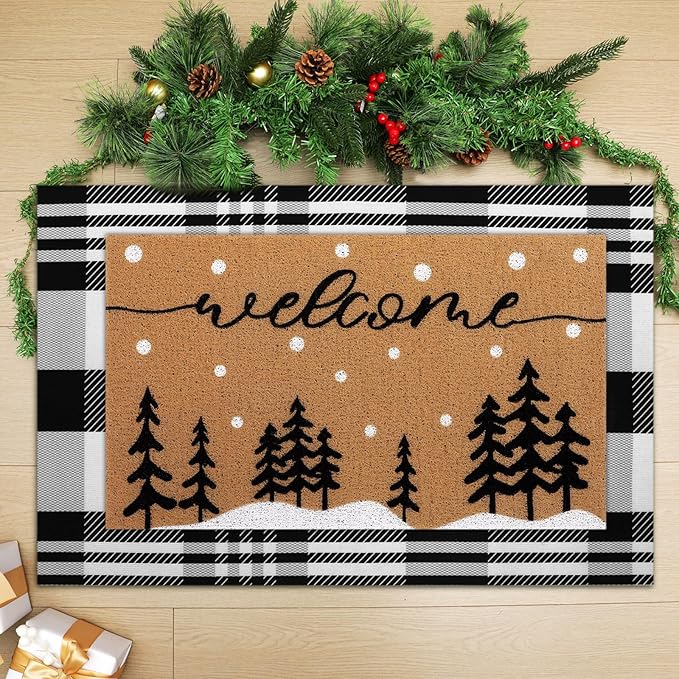 2 Pcs Door Mat Welcome Non Slip Coir Mats Floor Layering Doormats Seasonal for Front Porch Entryway Decor(Snowy Tree)