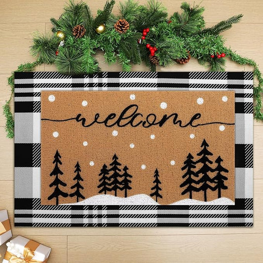 2 Pcs Door Mat Welcome Non Slip Coir Mats Floor Layering Doormats Seasonal for Front Porch Entryway Decor(Snowy Tree)