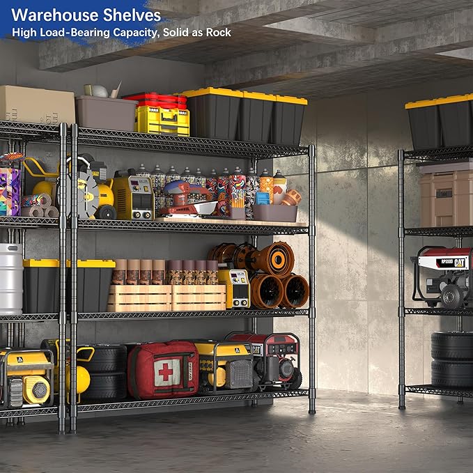 Heavy Duty Shelving, 72.2" H Garage Shelving Unit with Leveling Feet, 4-Tier Adjustable Garage Storage Shelves Metal Rack, Industrial Shelving for Warehaouse Storage, 60" W x 24" D x 72.2" H, Black