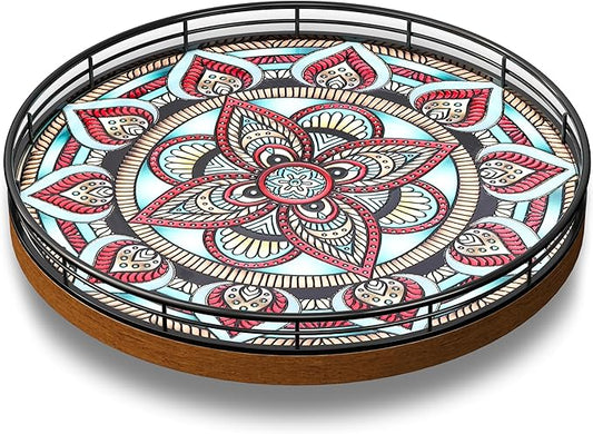 Oak Bohemia Lazy Susan 10.2" Turntable Organizer for Table Top with Ceramic 3D Boho Texture, Round Wooden Lazy Susan for Dining Table Decor, Kitchen, Countertop, Home Decor, Walnut Wood, Farmhouse