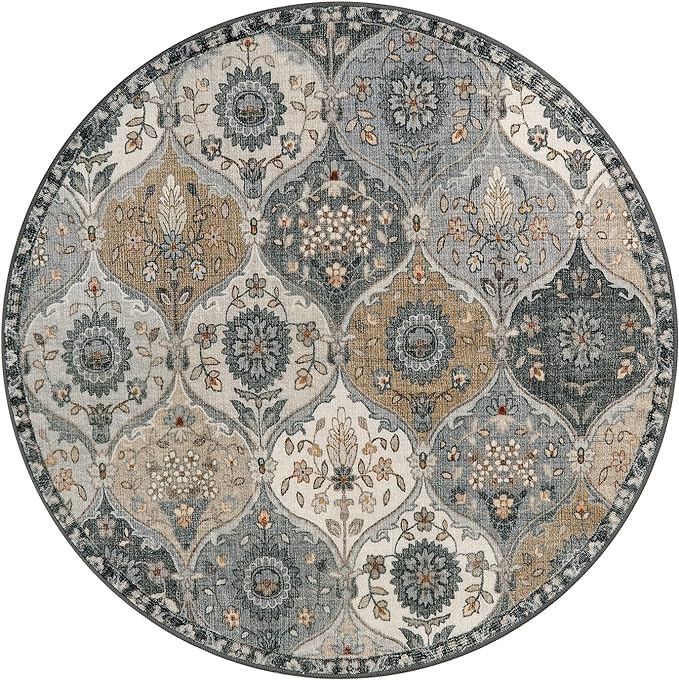 Lahome Moroccan Trellis Round Area Rugs, Washable Small Round Rug 3ft Non-Slip, Soft Vintage Ultra-Thin Circle Carpet for Bedroom Entryway Kitchen Laundry Bathroom, Grey