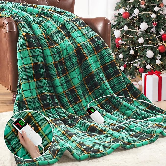 Green Heated Blanket Electric Throw 50X60, Christmas Heating Blanket for Couch, Plaid Sherpa Winter Blankets Warmer, 10 Heating Levels & 8-Hour Auto Off, Fast Heated House Warming Gifts New Home Decor