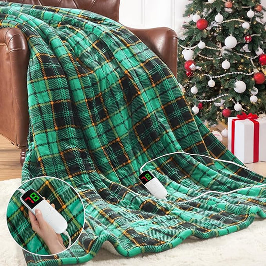 Green Heated Blanket Electric Throw 50X60, Christmas Heating Blanket for Couch, Plaid Sherpa Winter Blankets Warmer, 10 Heating Levels & 8-Hour Auto Off, Fast Heated House Warming Gifts New Home Decor