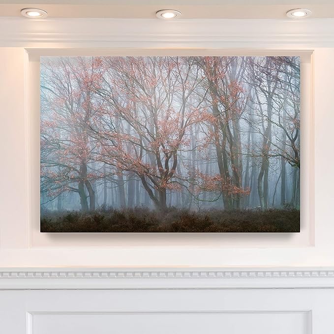 Renditions Gallery Canvas Nature Wall Hanging Art Misty Orange Autumn Trees Forest Modern Artwork for Bedroom Living Room Kitchen Walls - 24"X36" LT08