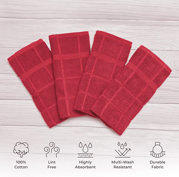 100% Cotton Terry Dish Towels, 4 Pack Plain, 16 x26 Inches, Super Soft and Absorbent Kitchen Towels, Perfect for Kitchen Cleaning and Dish Washing | RED