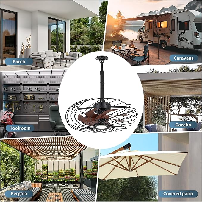 20" Outdoor Ceiling Fan with Light, Waterproof Gazebo Fan Remote Control, Dimmable LED Light, Hanging Black Caged Ceiling Fixtures with Plug in Cord for Patios Pergola