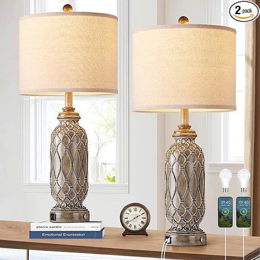 Farmhouse Lamps for Living Room Set of 2, 28" Table Lamps for Bedroom with USB Ports, 3-Way Dimmable Nightstand Table Lamp (Bulbs Included)