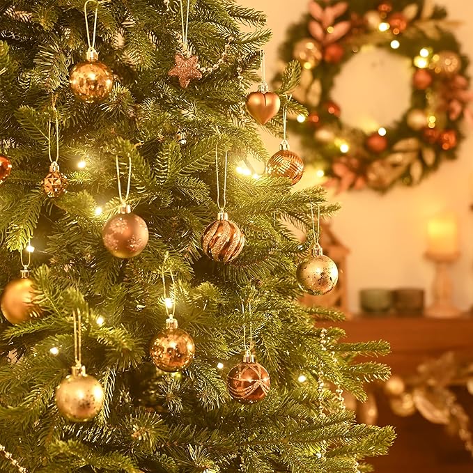 Valery Madelyn 28Pcs Christmas Heart Shaped Ornaments Gift Pack, Bronze Copper Gold Craft Painted Tree Heart Decorations, Christmas Baubles Hanging Indoor Holiday Party Xmas Decor