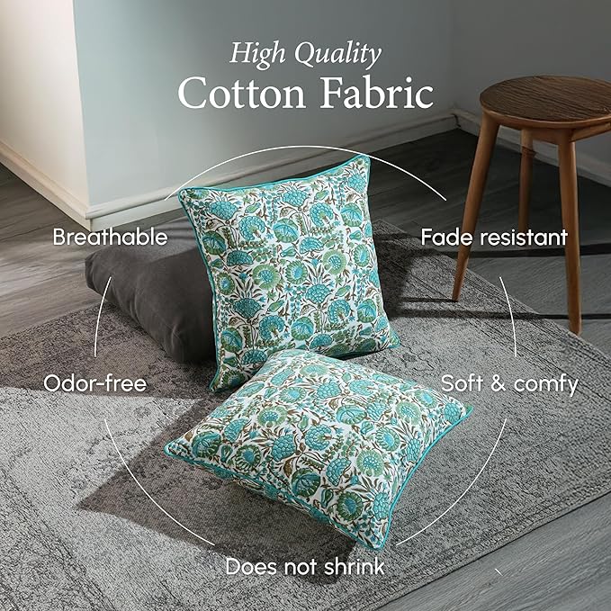 CPC Aqua Green Floral Printed Throw Square Cushion Covers - 24x24 Inch 100% Cotton Washable Decorative Couch Pillows Covers for Living Room Bed Sofa and Outdoors Spring, Easter, Valentines Gift