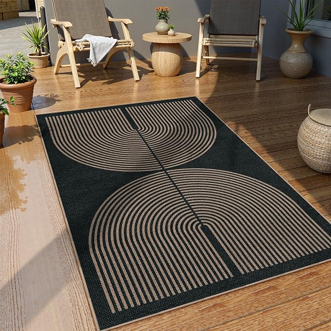 Lahome Modern Rainbow Easy Jute Outdoor Patio Rug, 3x5 Black Washable Rugs for Entryway Office Farmhouse Classroom Carpet, Contemporary Non Slip Front Door Mat for Porch Guestroom Room Decor