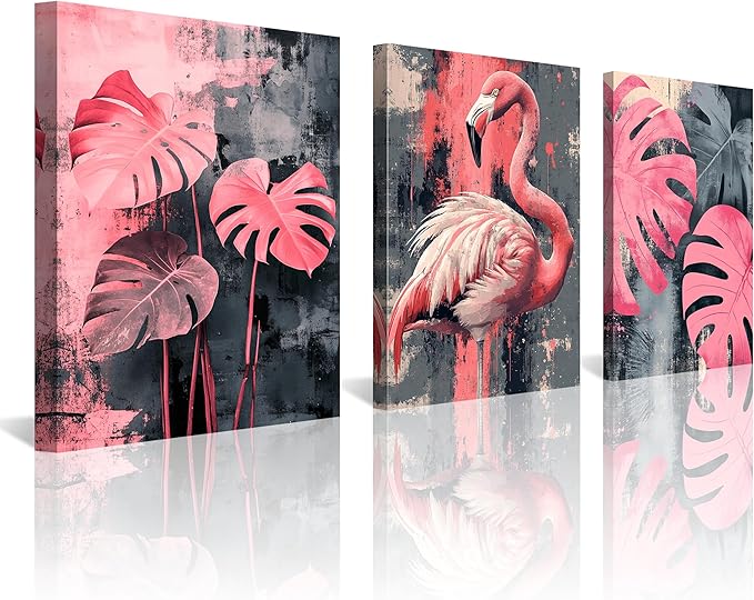 NAN Wind 3PCS Pink Flamingo Wall Art Modern Tropical Monstera Leaves Canvas Print Palm Leaf Bird Wall Decor Contemporary Botanical Print Nature-Inspired Artwork Living Room Decor Bedroom Home