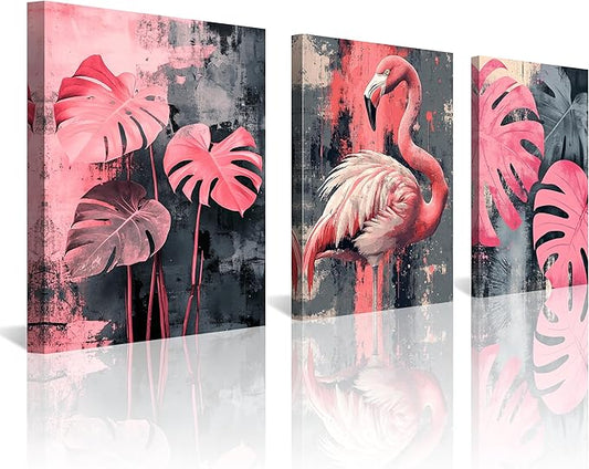NAN Wind 3PCS Pink Flamingo Wall Art Modern Tropical Monstera Leaves Canvas Print Palm Leaf Bird Wall Decor Contemporary Botanical Print Nature-Inspired Artwork Living Room Decor Bedroom Home