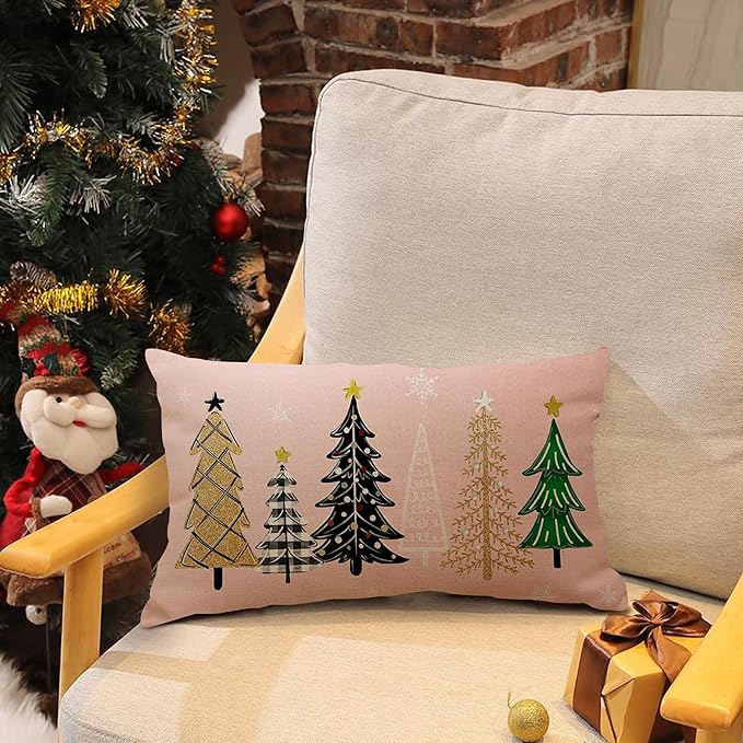 Pink Christmas Pillow Covers 12x20 Inch Black Green Gold Christmas Trees Throw Pillows Pillow Covers Merry Xmas Winter Holiday Decorative Pillow Covers Cushion Cases for Sofa Couch
