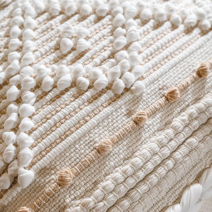 Cream White Boho Throw Pillow Cover 20X20, Boho Woven Textured Pillow Cover, Neutral Pillow Cover, Sofa Couch Bed Farmhouse Lumbar Pillow (Cover ONLY)