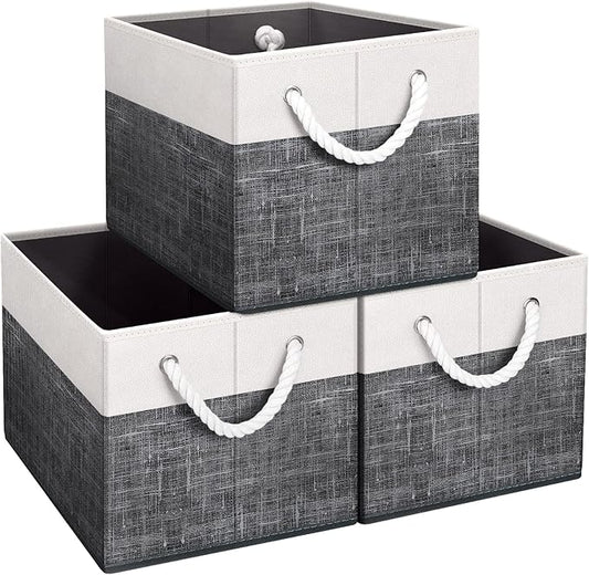 Fab totes Storage Bins [3-Pack], Foldable Storage Baskets for Organizing Toys, Books, Shelves, Closet, Large Storage Box with Rope Handles, Sturdy Organizer Bins, White & Black