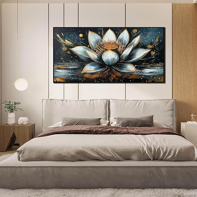 Lotus Flower Hand Painted Wall Art for Bedroom - Black and White Pictures Wall Art for Living Room - Black Framed Wall Art for Office Size 29" x 59"