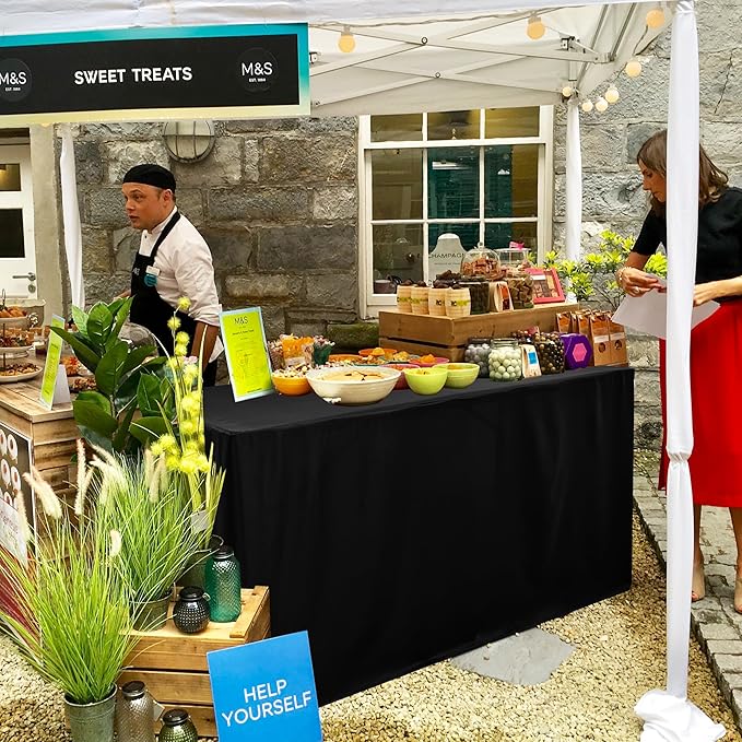 HolidayIdeas Fitted Black Tablecloths for 6 Foot Rectangle Table, Wrinkle Resistant Washable Table Cover 72x30 Inch for Vendor Booth Display, Banquet, Trade Show, 4 Pcs