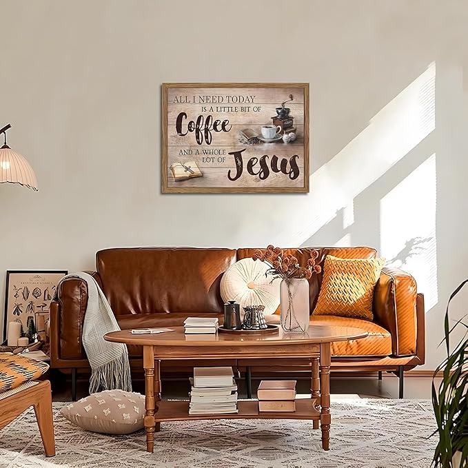 Wood Framed Christian Kitchen Wall Art, All I Need Today Coffee & Jesus Canvas Wall Decor Paintings, Coffee Motivational Posters Prints Pictures for Kitchen Bedroom Dining Room 16x24 Inch