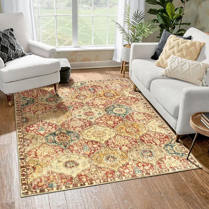 Lahome Moroccan Machine Washable Rugs for Living Room, 4x6 Rug for Bedroom Non-Slip Vintage Trellis Ultra-Thin Throw Carpet for Dining Room Office Nursery, Red/Orange