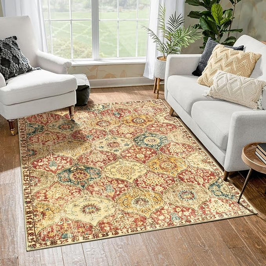 Lahome Moroccan Machine Washable Rugs for Living Room, 4x6 Rug for Bedroom Non-Slip Vintage Trellis Ultra-Thin Throw Carpet for Dining Room Office Nursery, Red/Orange