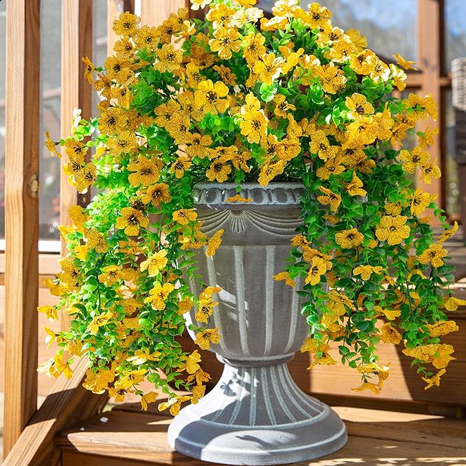 Artificial Hanging Flowers for Outdoors Decoration, 2pcs Fake Daisy with Eucalyptus Leaves for Garden Yard Porch (Yellow)