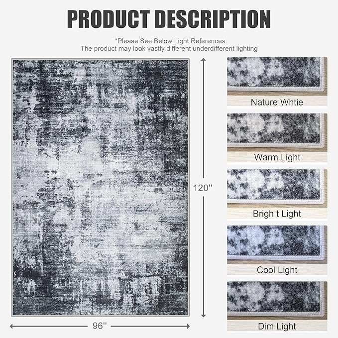 8x10 Area Rug Living Room Rug: Washable Modern Abstract Soft Thin Rug Indoor Floor No Slip Stain Resistant Carpet for Bedroom Dining Room Farmhouse Nursery Home Office - Dark Black