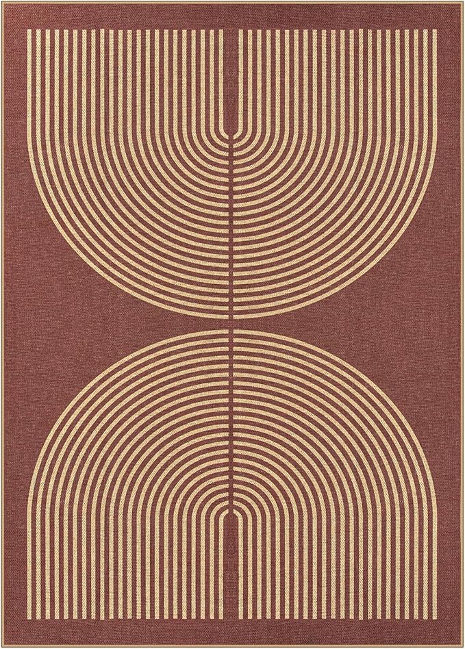 Lahome Modern Rainbow Easy Jute Outdoor Rug 5x7, Stain Resistant Red Dining Room Patio Rug, Farmhouse Non Slip Non Shedding Indoor Outdoor Carpet for Living Room Home Office Bedroom Deck Backyard