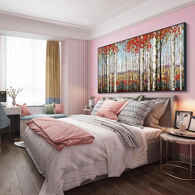 Mofutinpo Large Framed Wall Decor canvas Red Leaves White Birch Tree Wall Art For Living Room bedroom rustic kitchen Modern painting Artwork 29x58 Large Size Black Framed