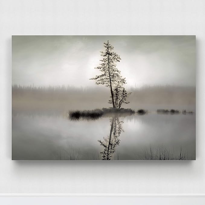 Renditions Gallery Canvas Wall Art for Home Decor Pine Tree Reflection in Misty Forest Lake Modern Nature for Bedroom Living Room Kitchen - 32"X48" LT08