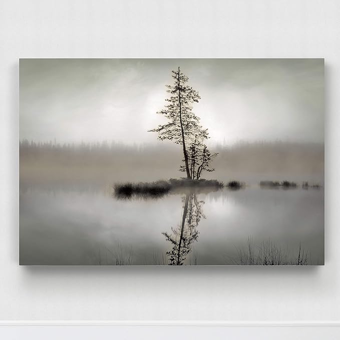 Renditions Gallery Canvas Wall Art for Home Decor Pine Tree Reflection in Misty Forest Lake Modern Nature for Bedroom Living Room Kitchen - 24"X36" LT08