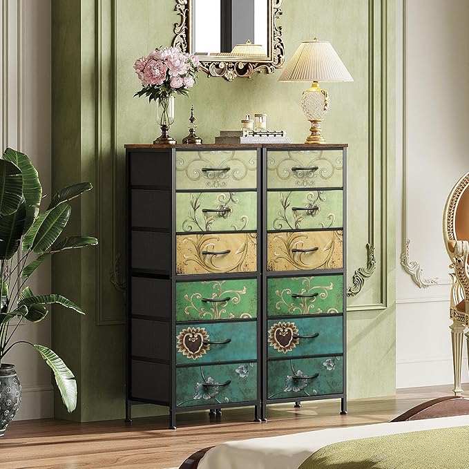 WLIVE Tall Dresser for Bedroom, 6 Drawer Dressers & Chests of Drawers, Fabric Dresser for Closet, Living Room, Night Stand with Metal Frame, Storage Tower with Fabric Bins, Wood Top, Floral Painted
