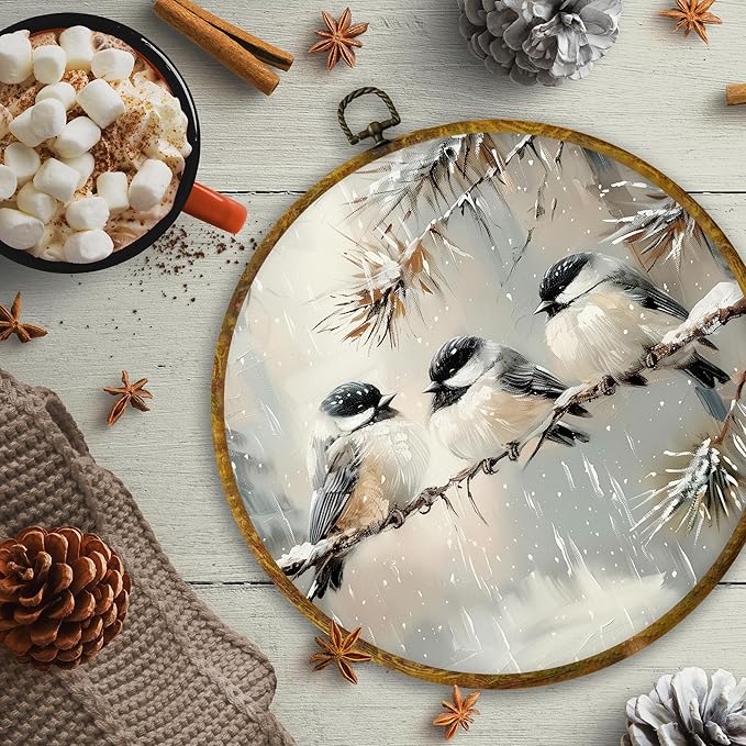 CUANFDDSF Vintage Winter Bird Round Wall Art Decor, Rustic Cottagecore Bird Wall Hanging Frame Decor, Farmhouse Cozy Winter Canvas Prints Decorations for Home Bedroom Living Room, 10x10 Inch