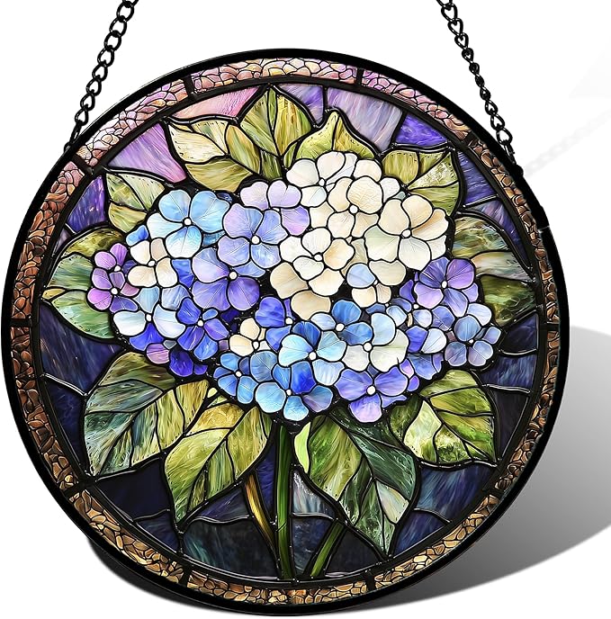 Stained Glass Window Hanging, Hydrangea Flowers Sun Catchers Diamond Glass Panel Hangings Plant Suncatcher Decor for Birthday for Women, Men, Wife, Aunt, and Mom 14.9x14.9 in