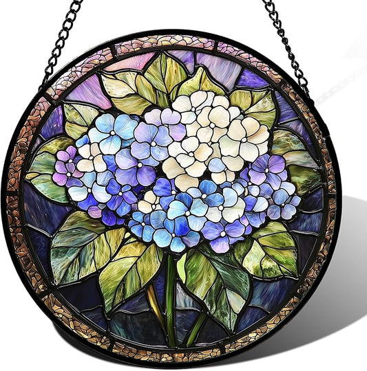 Stained Glass Window Hanging, Hydrangea Flowers Sun Catchers Diamond Glass Panel Hangings Plant Suncatcher Decor for Birthday for Women, Men, Wife, Aunt, and Mom 14.9x14.9 in