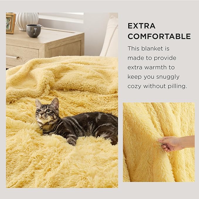 Bedsure GentleSoft Fluffy Yellow Blankets Queen Size for Bed, Thick Sherpa Faux Fur Fleece Fuzzy Plush Winter Warm Heavy Soft Full Queen Blankets, Bedroom Decor Yellow Cozy Gifts for Women Men, 90x90