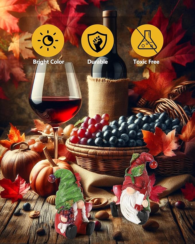 2-Pack Resin Fall Gnome Figurines with Red Wine & Grapes Theme, Whimsical Gnome Gifts Home Decor for Thanksgiving Table Decor Christmas Decorations Indoor Holiday Ornaments (Grape Gnomes)