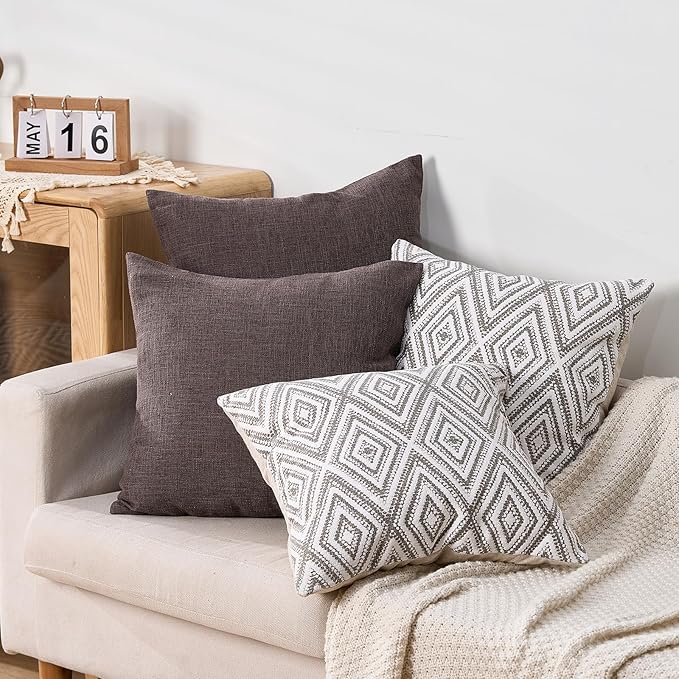 HPUK Decorative Throw Pillow Covers Set of 4 Dark Gray Geometric Design Linen Cushion Cover for Couch Sofa Living Room, 18"x18", Natural