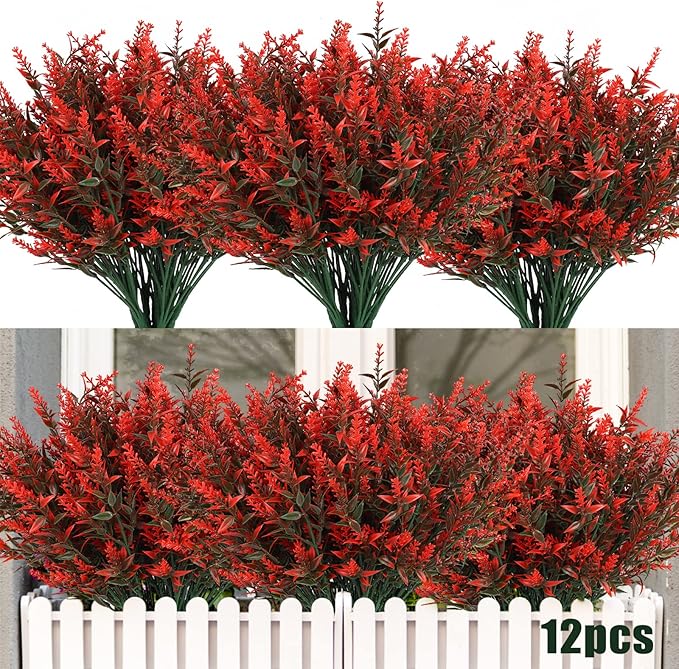Artificial Outdoor Plants UV Resistant Artificial Greenery Lavender 12 Bundles UV Resistant Hanging Planter Flora Fence Indoor Outside Decor Wedding Table Flowers Arrangement Bouquet Filler(Orange)
