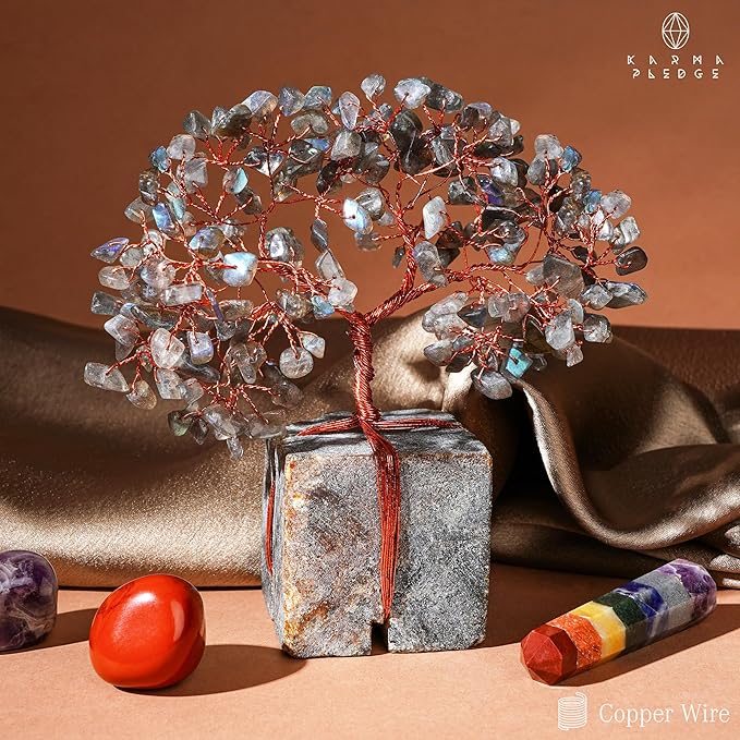 Crystal Tree of Life Feng Shui Decor for Home and Office, Labradorite Chakra Healing Crystal Handmade Tree for Positive Energy, Money, Good Luck, Christmas Decor, Birthday Gifts for Women