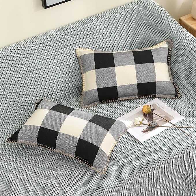 decorUhome Christmas Buffalo Plaid Check Throw Pillow Covers 12x20 Set of 2, Outdoor Lumbar Linen Decorative Farmhouse Gingham Pillow Covers with Stitched Edge for Bed Couch Sofa, Black and White