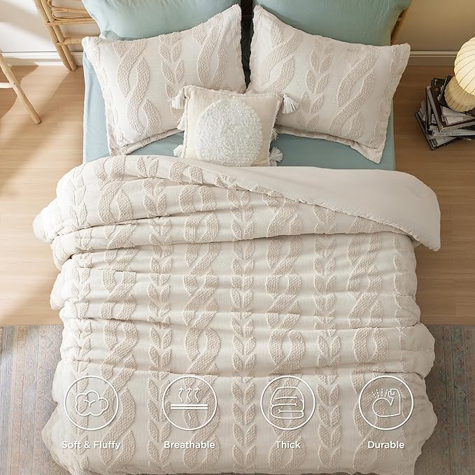 Bedsure Twin/Twin XL Size Comforter Set Beige, Boho Tufted Bed Set, Farmhouse Jacquard Cable Knit Pattern Bedding, 2 Pieces, 1 Shabby Chic Fluffy Comforter & 1 Pillow Sham