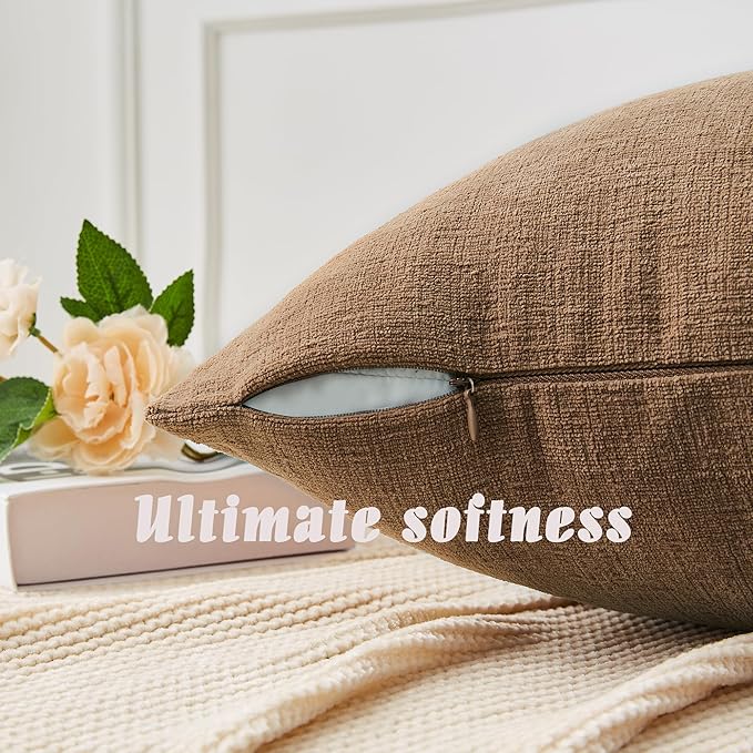 GAWAMAY Decorative Square Throw Pillow Covers 20"x20" Inch Set of 2, Super Soft Chenille Pillows Farmhouse Fall Pillowcase for Living Room Bedroom Sofa Couch Cushion Cover Brown 50x50cm (No Inserts)