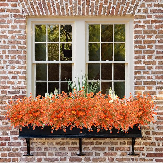 Uieke 6 Bundles Artificial Fall Flowers UV Resistant No Fade Fake Outdoor Plants Faux Plastic Plant Greenery for Outside Garden Porch Sidewalk Trim Window Box Décor Autumn Orange