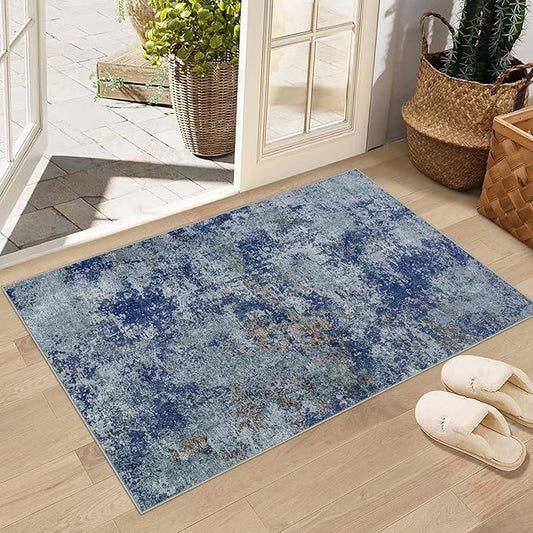 Machine Washable Area Rugs 2x3: Small Entryway Rug with Non Slip Backing Non Shedding Stain Resistant Abstract Carpet for Living Room Bedroom Kitchen Laundry Under Dining Table - Blue