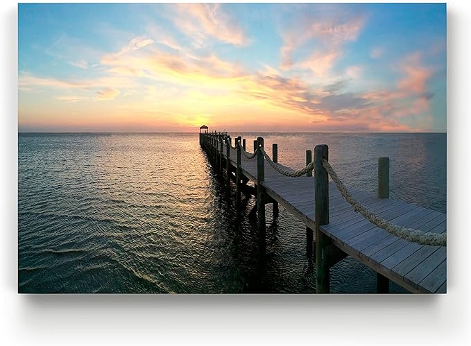 Renditions Gallery Canvas Nature Art Landscape View of Orange Sunset at Ocean Pier Wall Hanging Prints for Office Home Kitchen Decorations - 24"X36" LT08