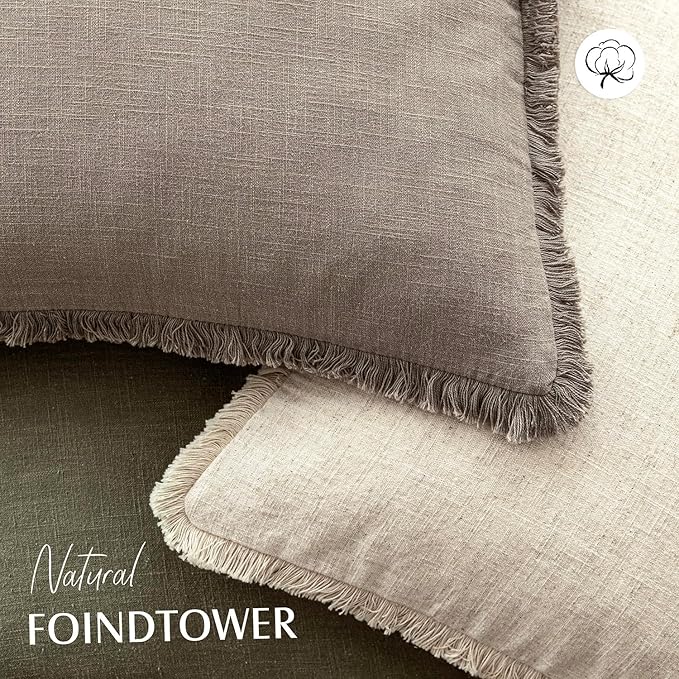 Foindtower Set of 2 Decorative Linen Fringe Throw Pillow Covers Boho Farmhouse Cushion Cover with Tassels Soft Accent Pillowcase for Couch Chair Sofa Bed Living Room Home Decor,18×18 Inch,Brown Tan